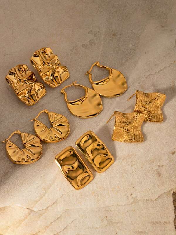 Uworld 1 Par Moda Martelo Padrão Textura Geométrico 18K Banhado A Ouro Aço Inoxidável Brincos De Argola Mulheres Baile De Formatura Usando Grosso Brincos