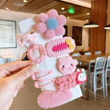 1套裝韓語粉色的豬形狀髮夾,長毛絨邊髮夾,女孩蝴蝶頭髮蝴蝶結,劉海夾,BB夾,公主髮夾,髮飾