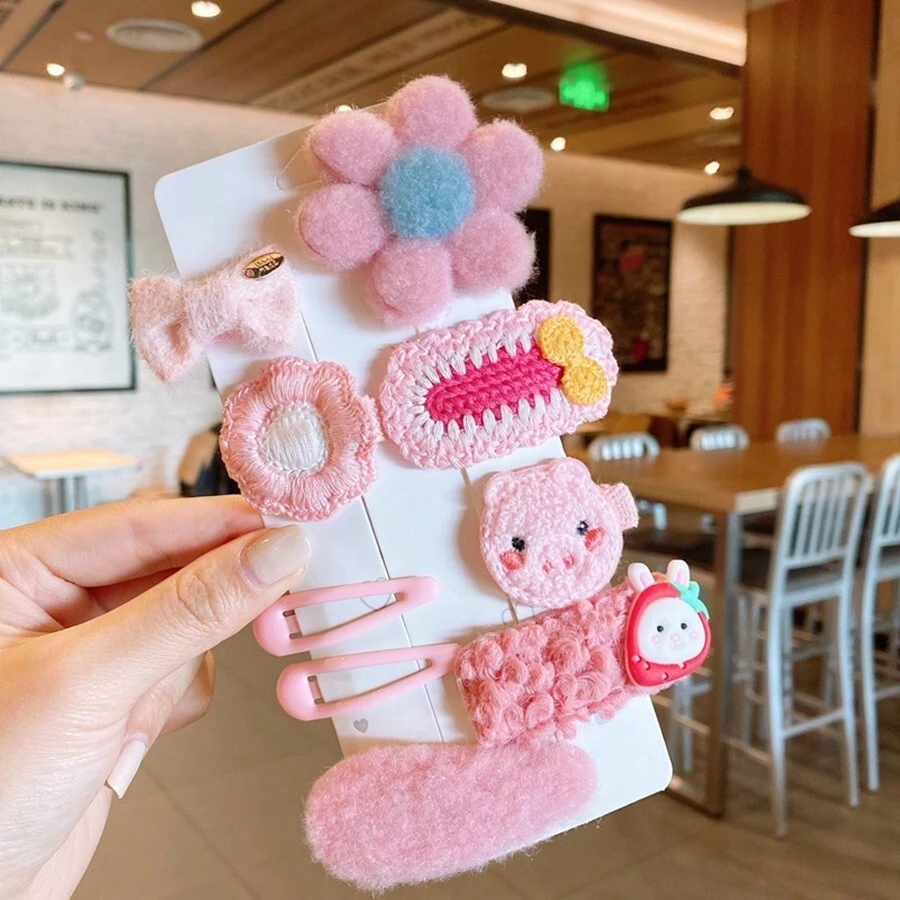 1套裝韓語粉色的豬形狀髮夾,長毛絨邊髮夾,女孩蝴蝶頭髮蝴蝶結,劉海夾,BB夾,公主髮夾,髮飾