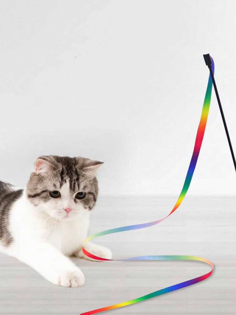 Pet Toy Double-sided Rainbow Ribbon Teaser Wand, Interactive Cat Toy, Two Sizes - Multicolor - View 1