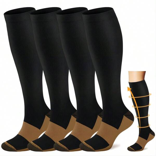 Chaussettes de compression en cuivre pour sports de plein air Hommes Femmes Circulation 4 paires - Meilleur soutien pour les infirmières, le running, le cyclisme (Noir)