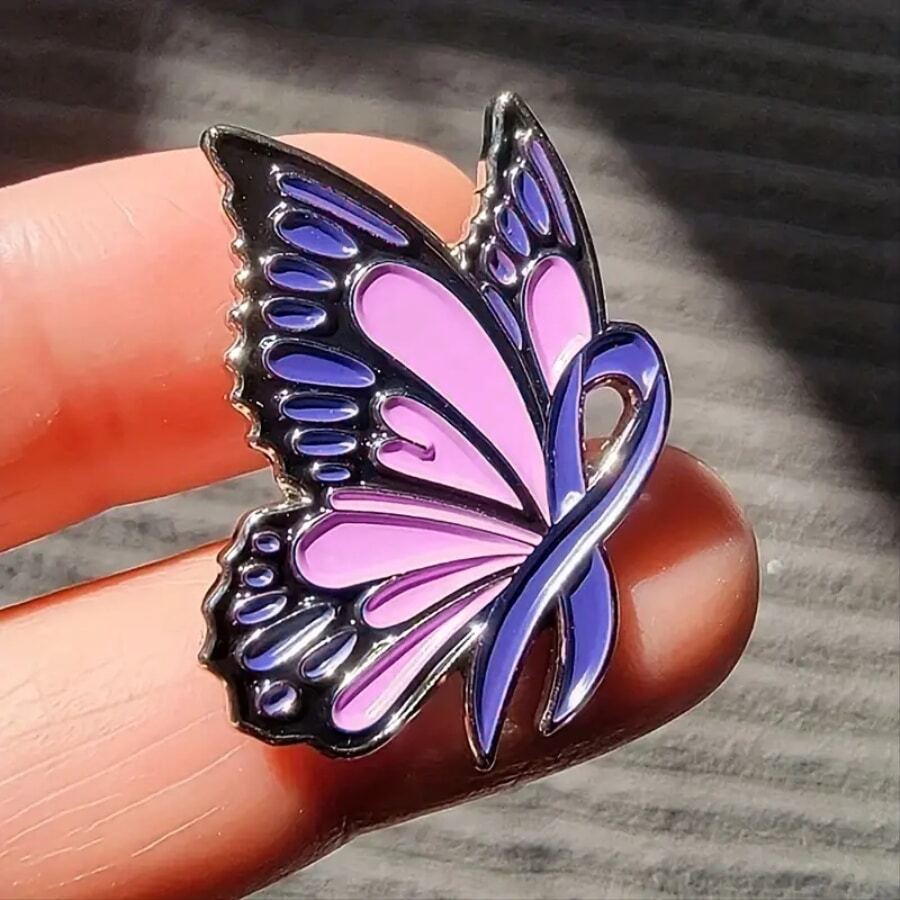 1PC Domestic Violence Awareness Enamel Pin - Purple Ribbon Butterfly Lapel Pin for Men's Jackets - Purple - View 1