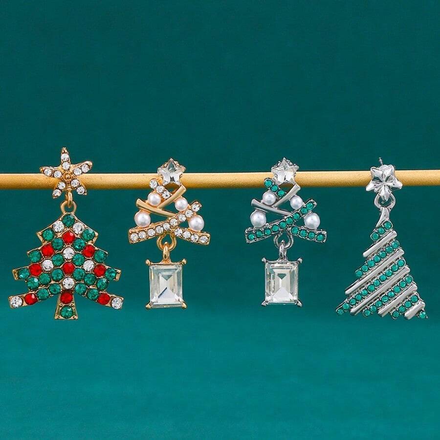 1pair Creative Rhinestone Christmas Tree Earrings For Women, European And American Style - Silver - View 1