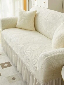 1pc Modern Style Polyester Fiber Leaf Pattern Elastic Sofa Cover With Skirt Design, Anti-Dust And Anti-Slip, Suitable For 1/2/3/4 Seater Sofas All Year Round - White - View 3
