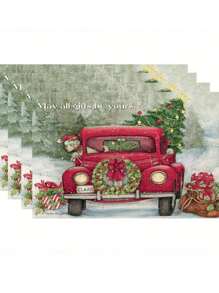 Christmas Polyester Placemat, Featuring Christmas Tree And Santa Claus Pattern For Heat Insulation And Decoration On Dining Or Kitchen Table In Western Style, Christmas Themed Home Decor - Red - View 6