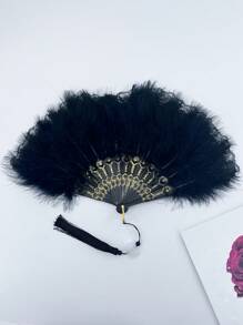 女性羽毛&流蘇裝飾時尚手持風扇，適用於派對優雅出行