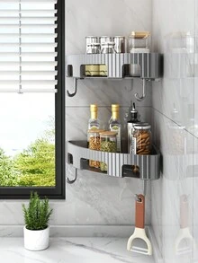 1 pieza Estante de almacenamiento de pared de plástico triangular sin taladrar, para cocina, sala de estar, baño, dormitorio, dormitorio y tienda - Gris Oscuro - Ver 2