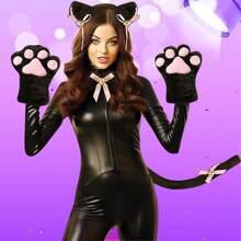 5入組貓咪cosplay服裝,包含貓耳朵和尾巴以及項圈、貓爪手套,適用於派對裝扮 - 黑色 - 查看 11