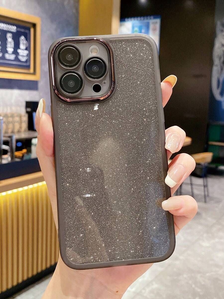 1 件銀色閃光星星卡紙 + 黑色透明鏡片保護框材質手機殼相容於 Apple、三星、小米、vivo 和 Oppo - 黑色 - 查看 1