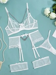 Sexy Seductive Lace Panty With Lace Lingerie For Women With Garter Belt, Women's Lace Lingerie Set Underwear With Garter Belt 3 Pieces - 白色 - 查看 10