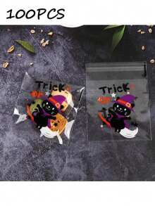 100入組萬聖節餅乾包裝袋-南瓜,幽靈等元素-自黏袋適用於派對禮物和婚禮糖果-裝飾性假日裝飾