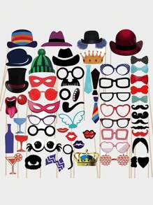 58pcs Wedding Photo Booth Props, Wedding Photo Props, Wedding Selfie Booth, Wooden Wedding Photography Props, Wedding Photo Booth Accessories, Glasses, Wedding Photography, Bride, Christmas - Multicolor - View 1