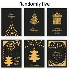 隨機5入組聖誕金箔賀卡,具有異國黑色圖案,用於聖誕和歐美新年祝福卡 - 黑色 - 查看 9