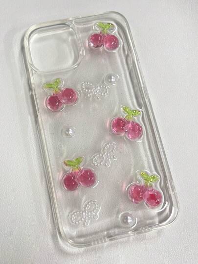 Apple 3d Cherry & Faux Pearl & Bowknot Decor Phone Case Compatible With IPhone14/13promax/15 Waterproof Shockproof Anti-Fall Scratch Resistant