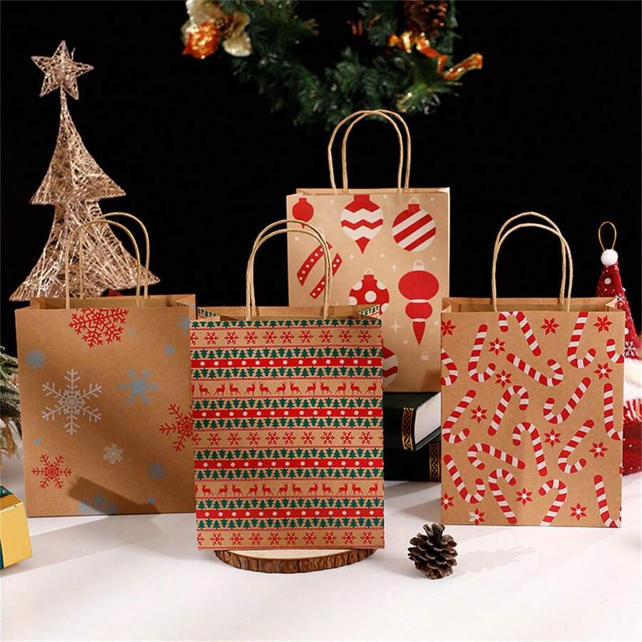 1pc Christmas Kraft Paper Bag, Natural Color Gift Bag With Handle For Christmas Eve Gift Packaging - Multicolor - View 1
