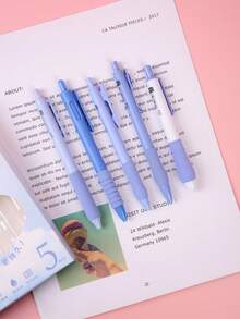5pcs 0.5mm Black Ink Neutral Pens, With Sponge Cushion, Push Type, Single Box Packaging, Blue Shell Design - Blue - View 1
