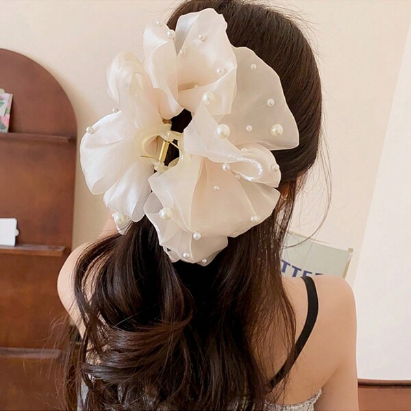 1pc Beige Faux Pearl Decor Bowknot Styling Hair Claw Clip With Bubble Design, Suitable For Festivals, Parties And Daily Use Elegant Hair Clips Hair Jaw Clip Hair Clamps Hair Clutch Hair Catcher Clip