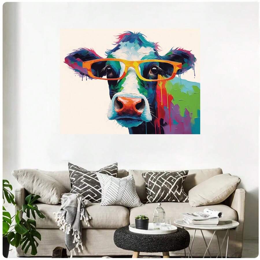 1 件，彩色涂鸦牛街头艺术涂鸦帆布画动物牛海报印刷图片儿童房卧室现代家居墙壁装饰无框架