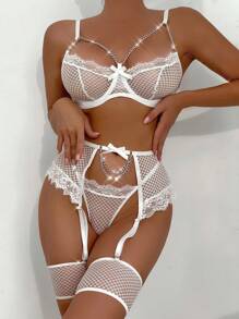 Sexy Seductive Lace Panty With Lace Lingerie For Women With Garter Belt, Women's Lace Lingerie Set Underwear With Garter Belt 3 Pieces - 白色 - 查看 9