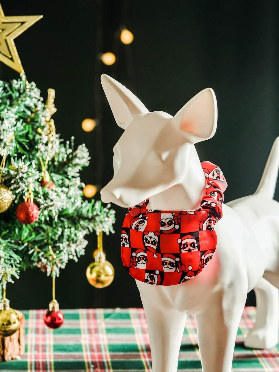 nicovaer 1pc Polyester Cute Santa Claus Plaid Print Pet Drool Bib, Pet Snap Scarf For Cats & Dogs Christmas Decoration