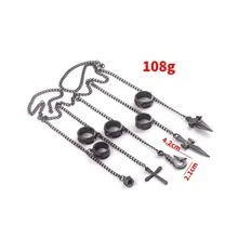 1set 5pcs European & American Style Black Wide Rings Set With Cross & Fish Hook Pendants, Chain Connected Rings And Necklace Set - Gun Black - View 3
