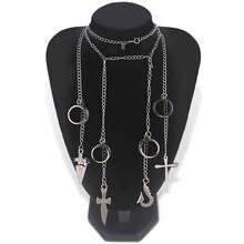 1set 5pcs European & American Style Black Wide Rings Set With Cross & Fish Hook Pendants, Chain Connected Rings And Necklace Set - Gun Black - View 2