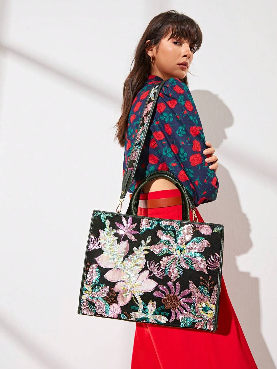 Women's High-end Shiny Green Tote Bag With Random Pattern, Large Capacity, Handbag With Long Shoulder Strap, Suitable For College Students, Ladies, Banquets - Olive Green - View 1