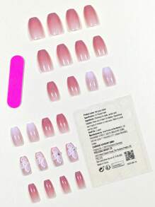 24pcs/Set Medium Long Coffin Shaped Fake Nails With Floral, Rhinestone Decor For Fashionable, Simple, Gradient French Manicure Nail Art, Party, Daily Use Press On Nails Nail Supplies - Multicolor - View 2