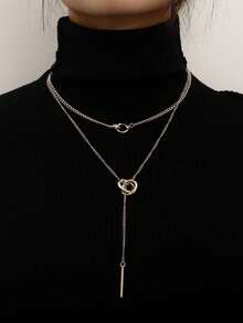 1入女士金色合金幾何雙圓鎖骨鏈長項鍊吊墜,街頭風格配飾 - 金色 - 查看 1