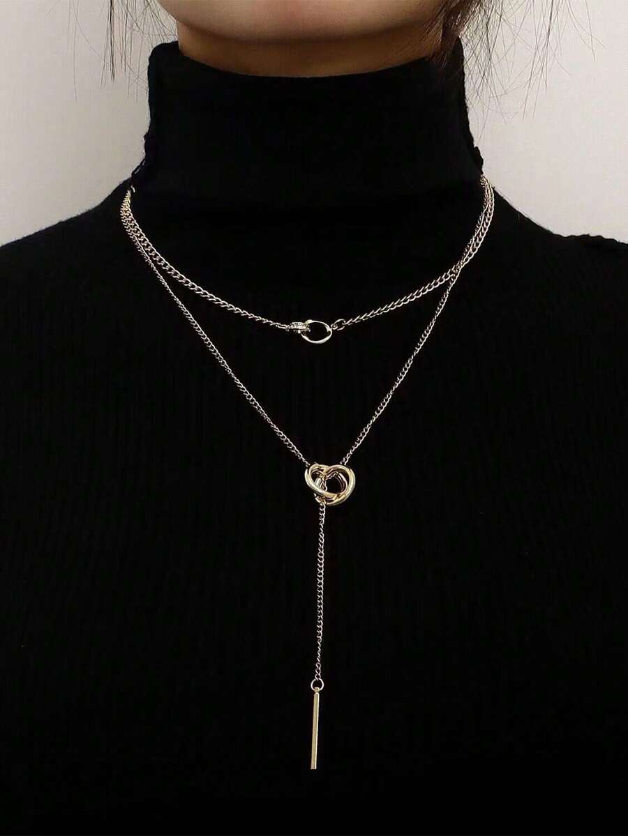 1入女士金色合金幾何雙圓鎖骨鏈長項鍊吊墜,街頭風格配飾 - 金色 - 查看 1