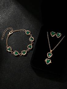 5入組女士復古深綠色心形鑽石珠寶套裝,適合日常穿著