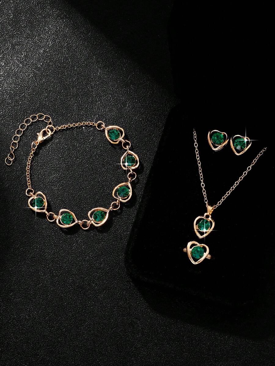 5入組女士復古深綠色心形鑽石珠寶套裝,適合日常穿著