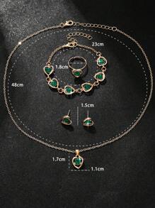 5入組女士復古深綠色心形鑽石珠寶套裝,適合日常穿著