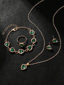 5入組女士復古深綠色心形鑽石珠寶套裝,適合日常穿著