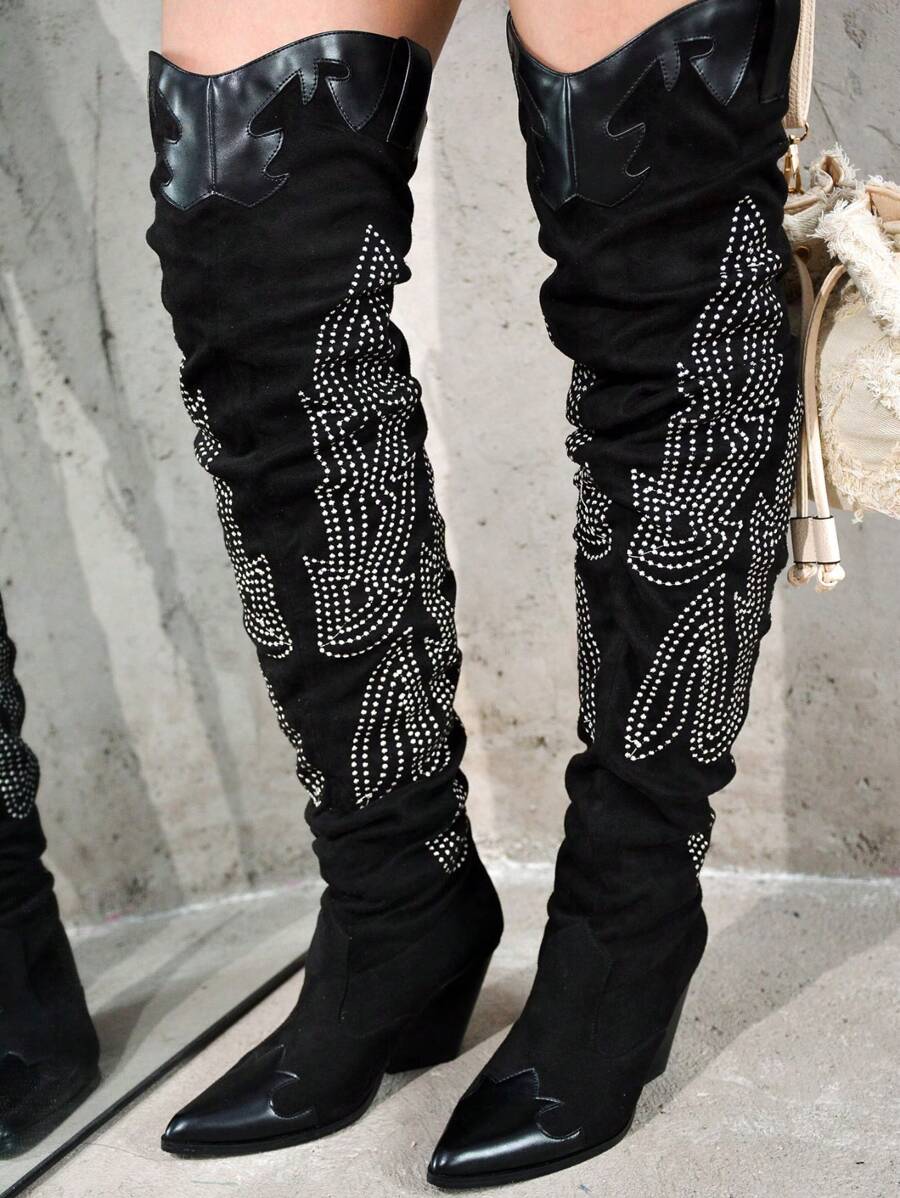 Icona Women's Embroidery Thigh-High Cowboy Boots - 黑色 - 查看 1