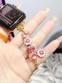 1入組簡約粉色可愛花卉金屬手錶帶，搭配彈性皮帶，適用於 Apple Watch帶 45mm 49mm 38mm 40mm 41mm 42mm 44mm，適用於 Apple Watch系列 Ultra/Se/1/2/3/4/5/6/7 - 金色 - 查看 4