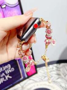 1入組簡約粉色可愛花卉金屬手錶帶，搭配彈性皮帶，適用於 Apple Watch帶 45mm 49mm 38mm 40mm 41mm 42mm 44mm，適用於 Apple Watch系列 Ultra/Se/1/2/3/4/5/6/7 - 金色 - 查看 2