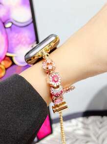 1入組簡約粉色可愛花卉金屬手錶帶，搭配彈性皮帶，適用於 Apple Watch帶 45mm 49mm 38mm 40mm 41mm 42mm 44mm，適用於 Apple Watch系列 Ultra/Se/1/2/3/4/5/6/7 - 金色 - 查看 5