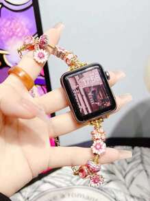 1入組簡約粉色可愛花卉金屬手錶帶，搭配彈性皮帶，適用於 Apple Watch帶 45mm 49mm 38mm 40mm 41mm 42mm 44mm，適用於 Apple Watch系列 Ultra/Se/1/2/3/4/5/6/7 - 金色 - 查看 3