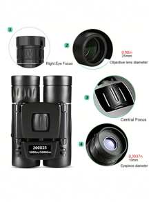 200X25 便携式高清变焦 5000M/100000M 双筒望远镜 强力折叠远距离视觉，BAK4 棱镜，橡胶材质，狩猎、户外活动、旅行和音乐会，春季户外运动，情人节礼物 - 黑色 - 查看 3