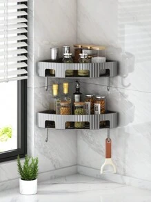 1 pieza Estante de almacenamiento de pared de plástico triangular sin taladrar, para cocina, sala de estar, baño, dormitorio, dormitorio y tienda - Gris Oscuro - Ver 1