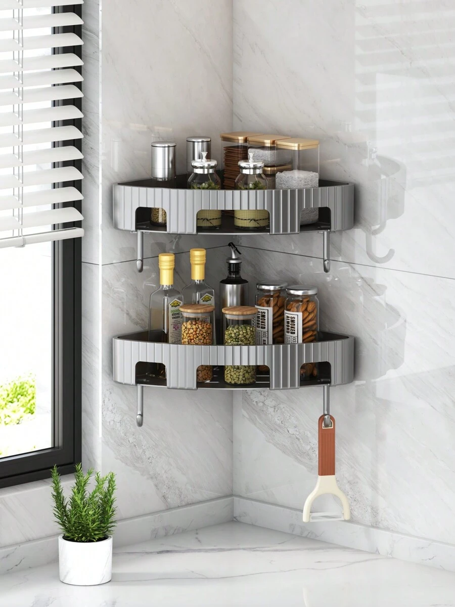 1 pieza Estante de almacenamiento de pared de plástico triangular sin taladrar, para cocina, sala de estar, baño, dormitorio, dormitorio y tienda - Gris Oscuro - Ver 1