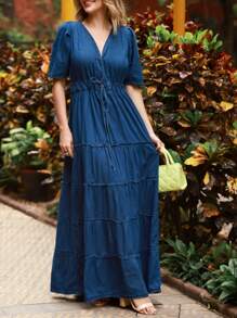 Women Denim Dresses - 深色水洗藍 - 查看 5