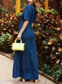 Women Denim Dresses - 深色水洗藍 - 查看 4