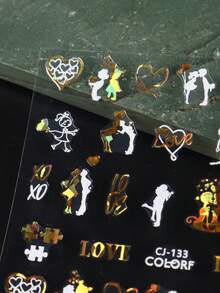 FULL BEAUTY 2入組白金戀愛心形指甲藝術貼紙,浪漫情侶感自黏幻燈片字母指甲藝術裝飾品