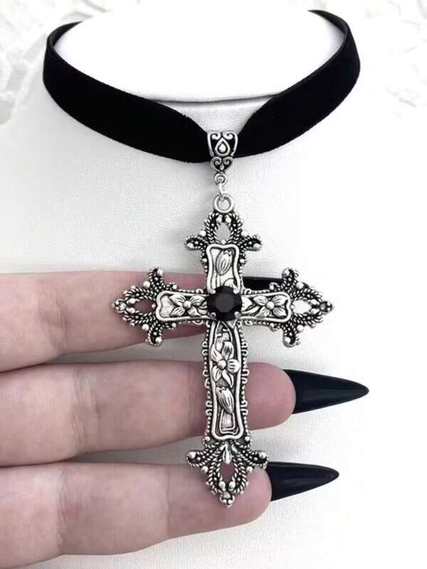 Colar Gargantilha De Veludo Estilo Gótico Punk De 1 Peça Com Pingente De Cruz Preta, Ideal Para Uso Diário Feminino E De Festa, Pingente De Cruz De 74 X 52 Mm, Comprimento De Corrente De 33 + 7 Cm