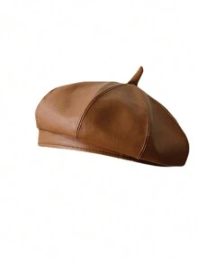 1件女式純色pu皮貝雷帽,黑色復古英式八角帽,休閒風格 - 黑色 - 查看 6