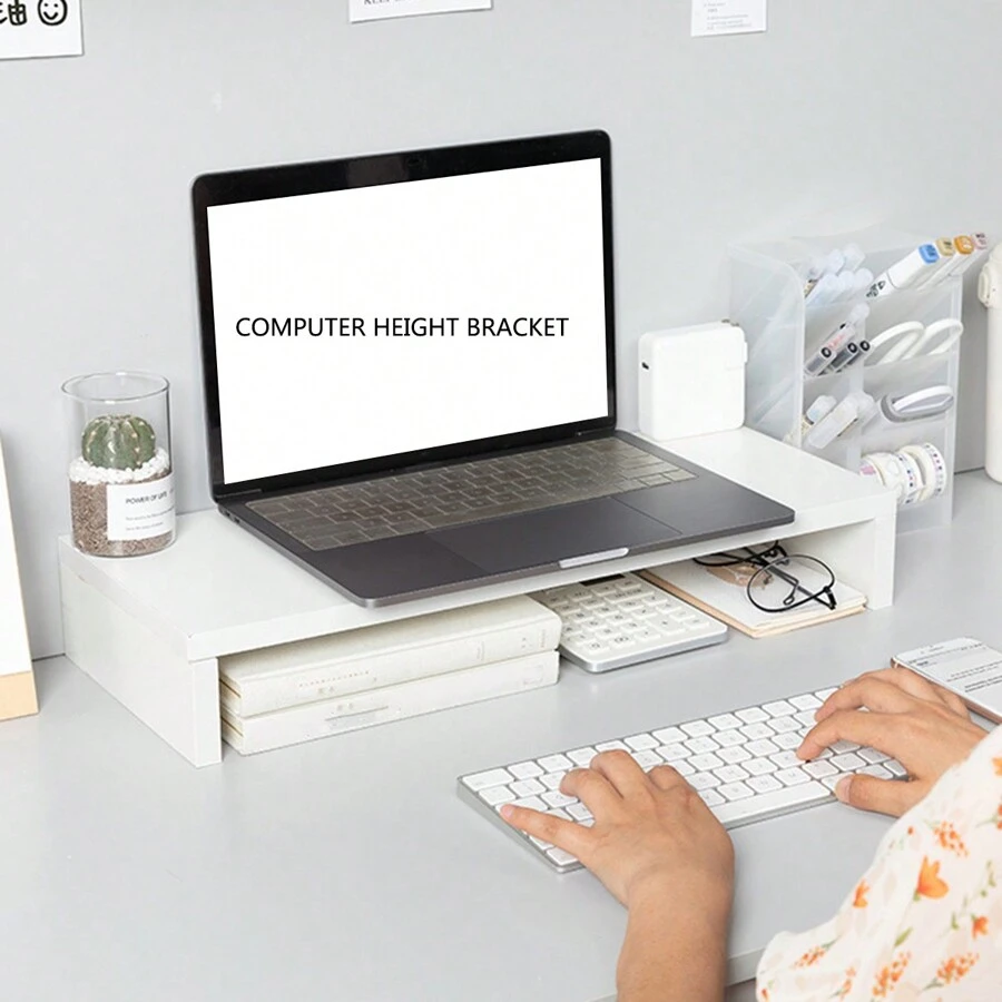 1pc White Wooden Minimalist Style Desktop Computer Riser Stand, Desk Organizer Shelf Suitable For Student Office Desk - White - View 1