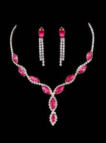 3入組優雅粉色鑽石項鍊和耳環套裝,適用於女性婚禮、生日、周年紀念、派對 - 玫紅色 - 查看 3