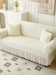1pc Modern Style Polyester Fiber Leaf Pattern Elastic Sofa Cover With Skirt Design, Anti-Dust And Anti-Slip, Suitable For 1/2/3/4 Seater Sofas All Year Round - White - View 7